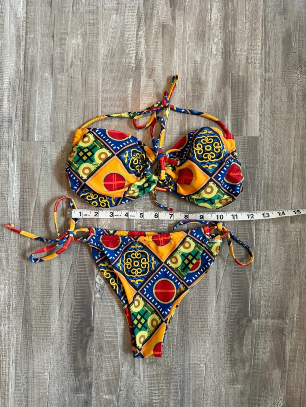 Vibrant Geometric Print Tie Bikini - Yellow, Blue, Red